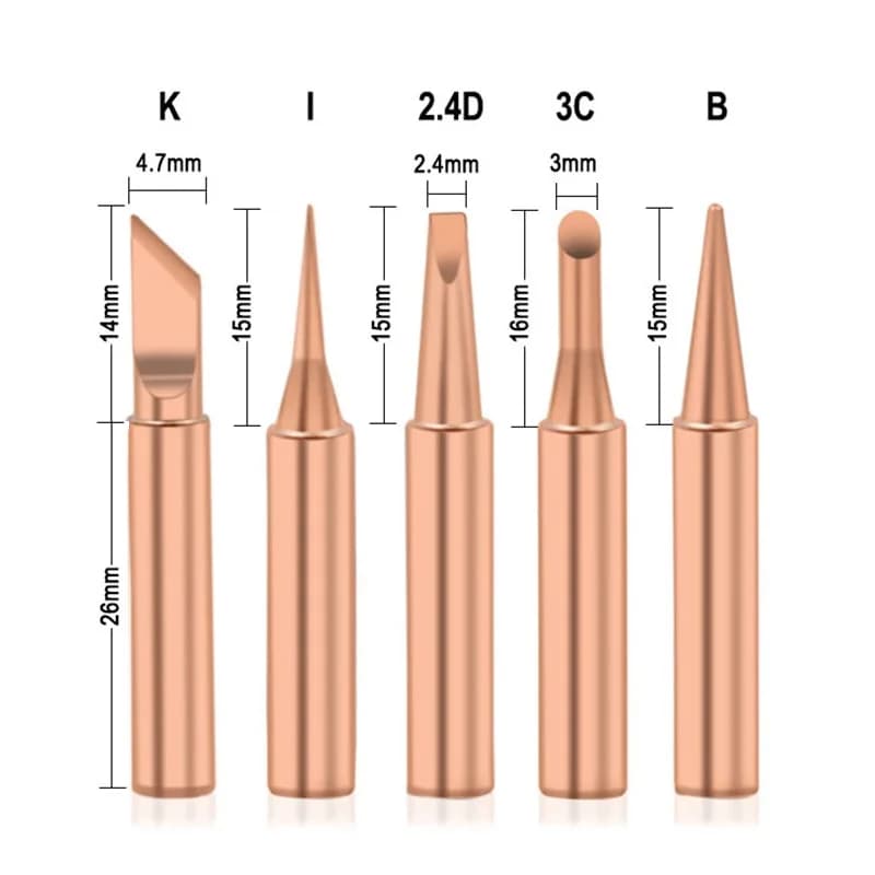 5Pcs Pure Copper Soldering Iron Tips Set I+B+K+2.4D+3C Electric Hot Bare Copper Head 900M for DIY Craft And Electronic Repair