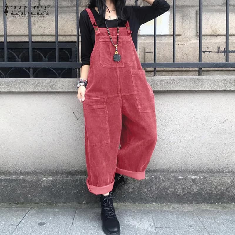 Corduroy Overalls Women's Summer Bib Jumpsuits ZANZEA 2026 Casual Suspender Harem Pants Female Solid Rompers Femme Oversize