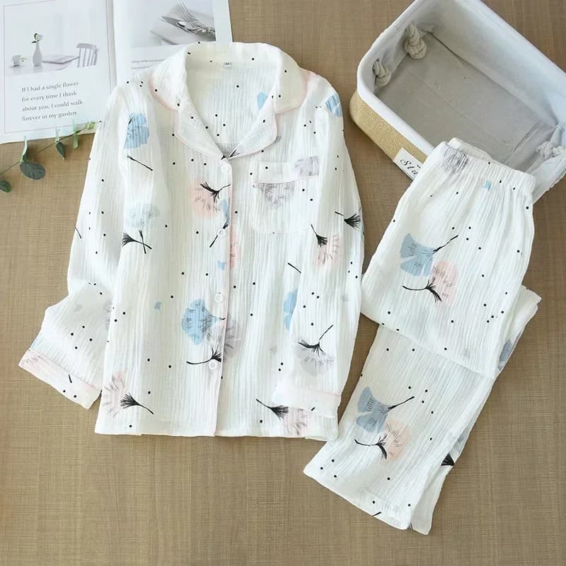New Large Size Pajamas Women Cotton Crepe Home Service Cotton Long Sleeve Trousers Suit Simple And Comfortable Summer And Autumn