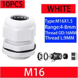 10PCs Waterproof Cable Gland Black Plastic Seal Joint Nylon M8 M10 M12 M16 M20 M25 M32 IP68 White Cable Fixing Nylon Connector