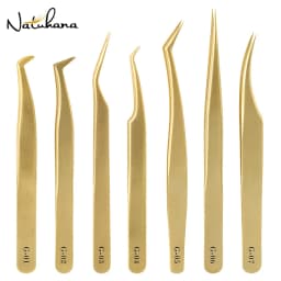 NATUHANA Anti-Static Eyelash Extension Tweezer Gold Stainless Steel Eyelashes Tweezers Professional for Volume Fan Makeup Tools