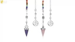 CSJA Natural Stone Cone Pendulums Crystal 3D Buddha 7 Chakras Chain Reiki Pendulum for Dowsing Pendule Radiestesia Pendulo G251