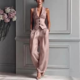 Sexy V Neck Vest Top 2 Piece Matching Set Women Summer Casual Tracksuit Jumpsuit Pants Playsuit