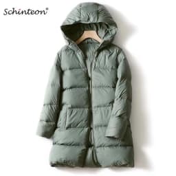 Schinteon Women Ultralight White Duck Down Jacket with Hood 2026 New Autumn Winter Warm Casual Outwear Solid Color Simple Coat