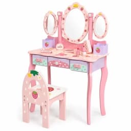 Kids Wooden Vanity Table Set with 3 Mirrors & Chair, Girls Pretend Play Dressing Table with Makeup Accessories