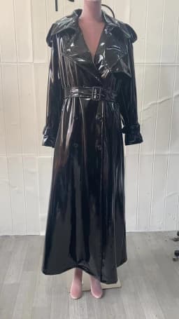 Lautaro Spring Autumn Extra Long Black Shiny Reflective Soft Stretchy Patent Leather Trench Coat for Women Maxi Overcoat 2024